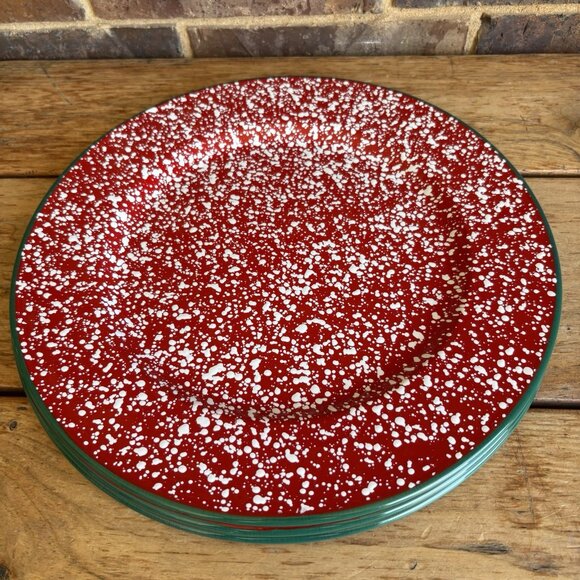 Robert Stanley Enamelware Serving Plates Chargers Red White Speckled Green Edge - Picture 2 of 13